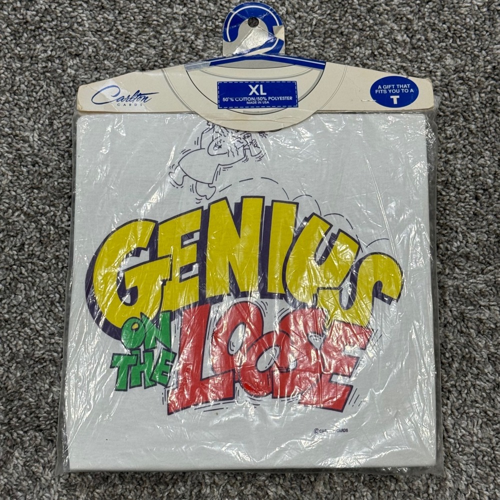 NOS Vintage 80s Carlton Cards "Genius On The Loose" Funny T-Shirt Mens XL NEW - Picture 1 of 4
